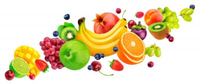 Sticker Falling fruit salad isolated on white background with clipping path, flying fruits and berries collection