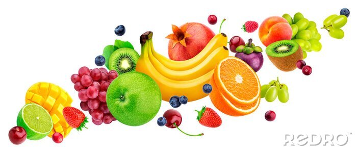 Sticker Falling fruit salad isolated on white background with clipping path, flying fruits and berries collection