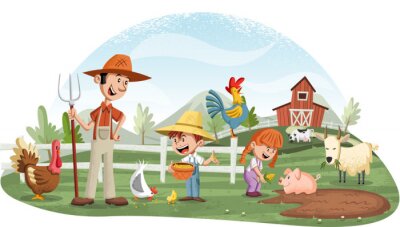 Sticker Familie op een boerderij met dieren