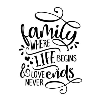 Sticker Family where life begins and love never ends -  Funny hand drawn calligraphy text. Good for fashion shirts, poster, gift, or other printing press. Motivation quote.