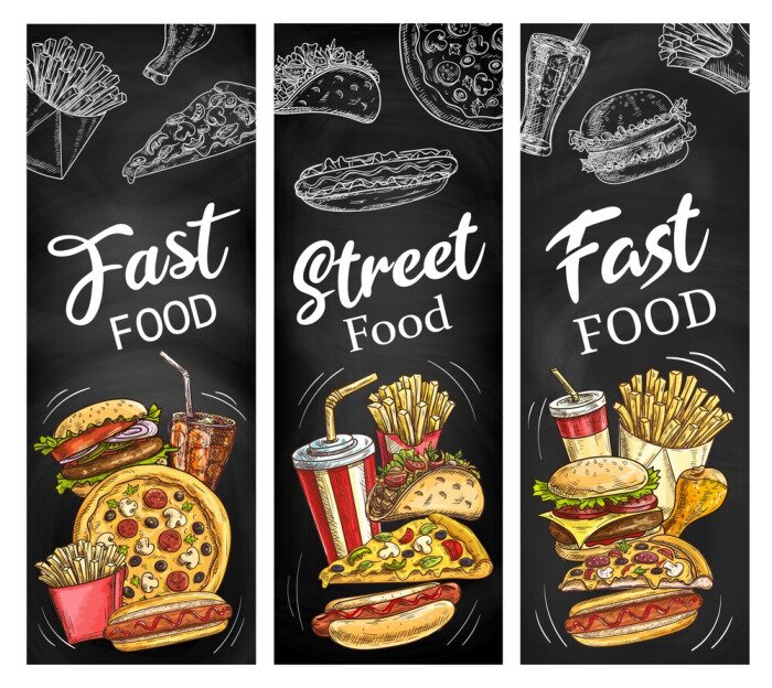 Sticker Fast food burgers, hot dogs, soda drink and pizza