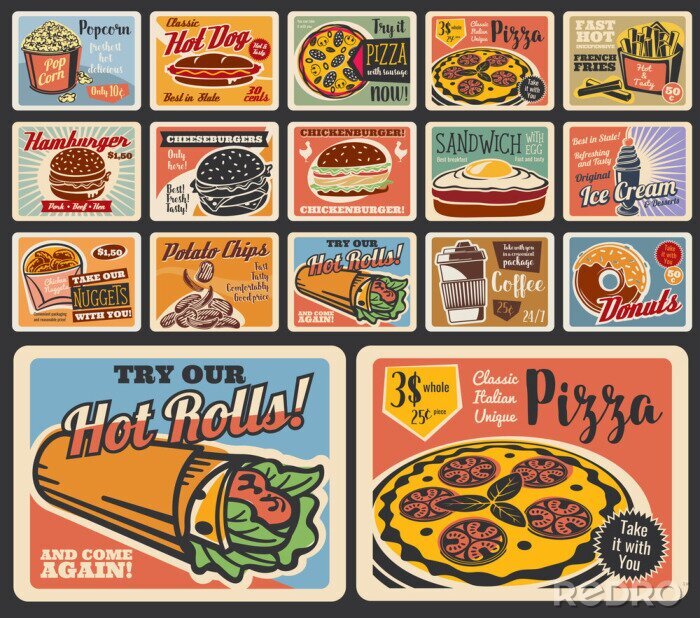 Sticker Fast food restaurant vector burgers, desserts and drinks. Retro posters of pizza, hamburger and hot dog, fries, donut and coffee, chicken nuggets, sandwich and cheeseburger, ice cream, popcorn, chips