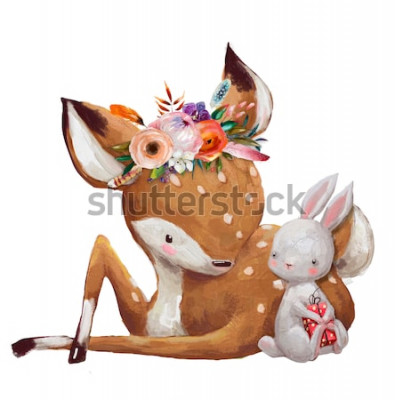 Sticker Fawn in een krans naast een wit konijntje