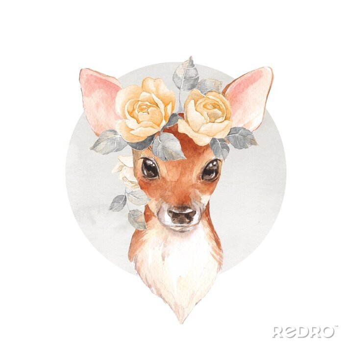 Sticker Fawn in een krans van rozen