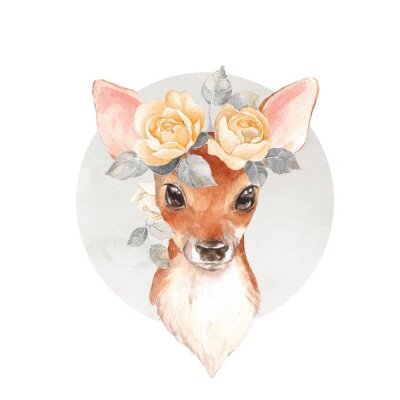 Sticker Fawn in een krans van rozen