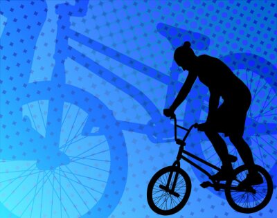 Fietser op een fiets en blauwe achtergrond
