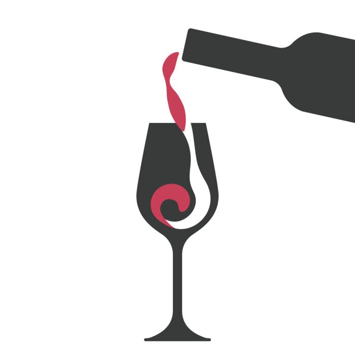 Sticker Filling a glass of red wine, wine glass and wine bottle vector silhouettes.