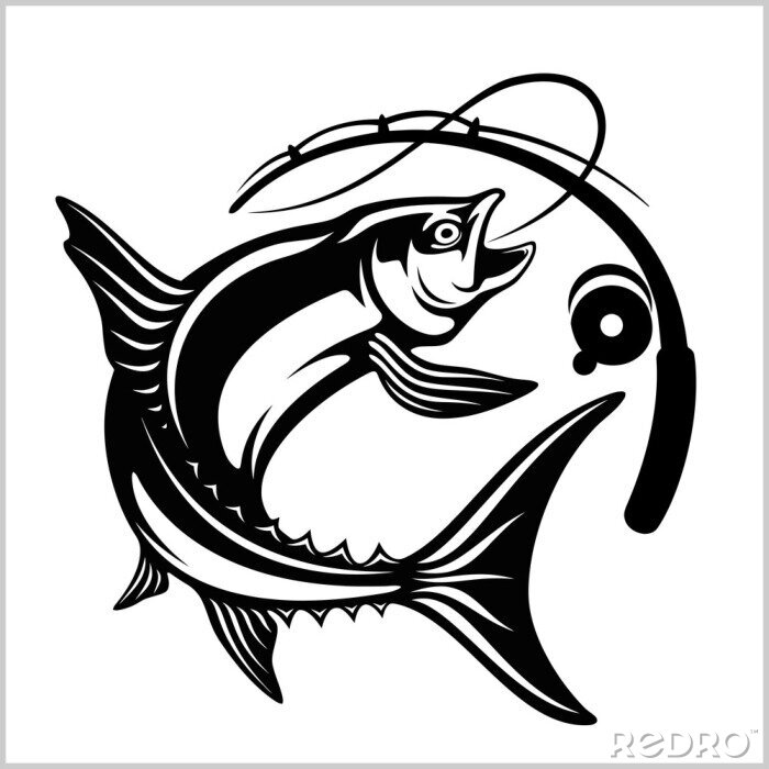 Sticker Fish with fishing rod in monochrome style. Logo for fishing, championship and sport club