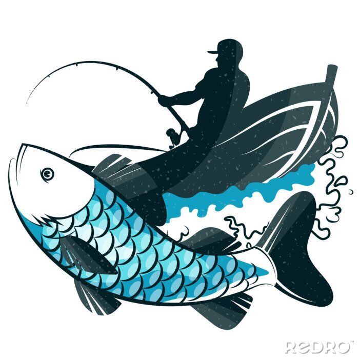Sticker Fisherman with fishing rod in a boat and fish catch