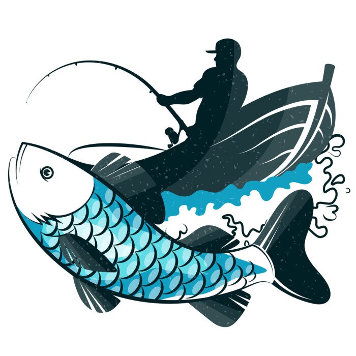Sticker Fisherman with fishing rod in a boat and fish catch