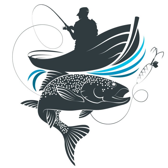 Sticker Fisherman with fishing rod in a boat and fish design