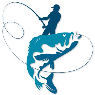 Sticker Fisherman with fishing rod in his hands caught a fish silhouette