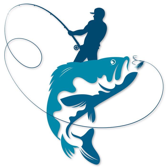 Sticker Fisherman with fishing rod in his hands caught a fish silhouette