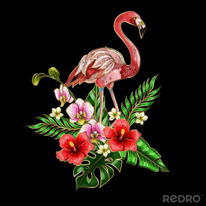 Sticker Flamingo borduurpatronen met tropische bloemen en bladeren.