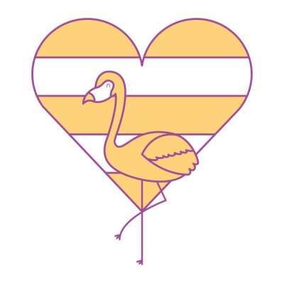 Sticker flamingo en hart liefde met kleur regenboog vector illustratie geel ontwerp