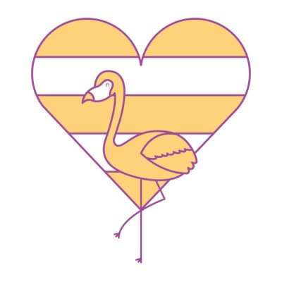 Sticker flamingo en hart liefde met kleur regenboog vector illustratie geel ontwerp