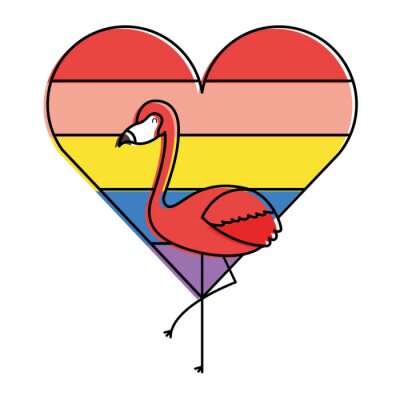 Sticker flamingo en hart liefde met kleur regenboog vectorillustratie