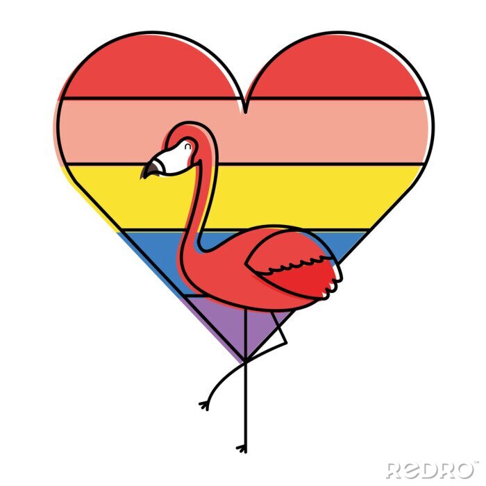 Sticker flamingo en hart liefde met kleur regenboog vectorillustratie
