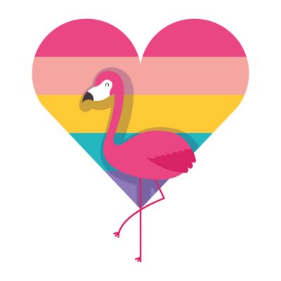 Sticker flamingo en hart liefde met kleur regenboog vectorillustratie