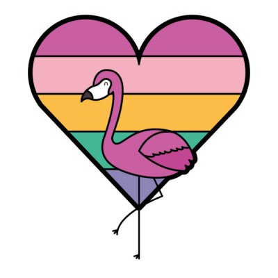 Sticker flamingo en hart liefde met kleur regenboog vectorillustratie