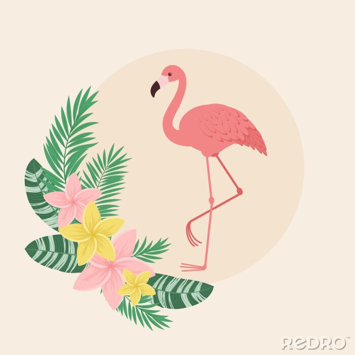 Sticker Flamingo met tropische bloemen en bladeren