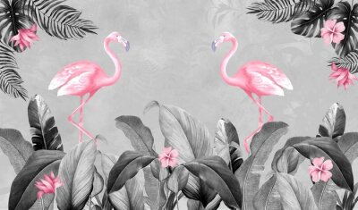 Flamingo's tussen tropische bladeren in grijstinten