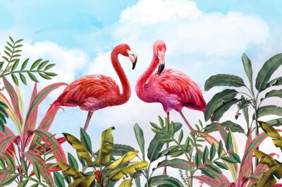 Flamingo's tussen tropische bladeren tegen blauwe lucht