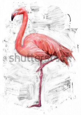 Sticker flamingo vogel schets / olieverf schilderij