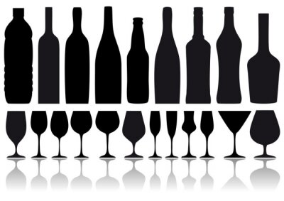 Sticker flessen wijn en glazen, vector