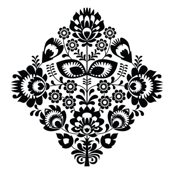 Sticker Folk borduren met bloemen - Poolse patroon monochroom