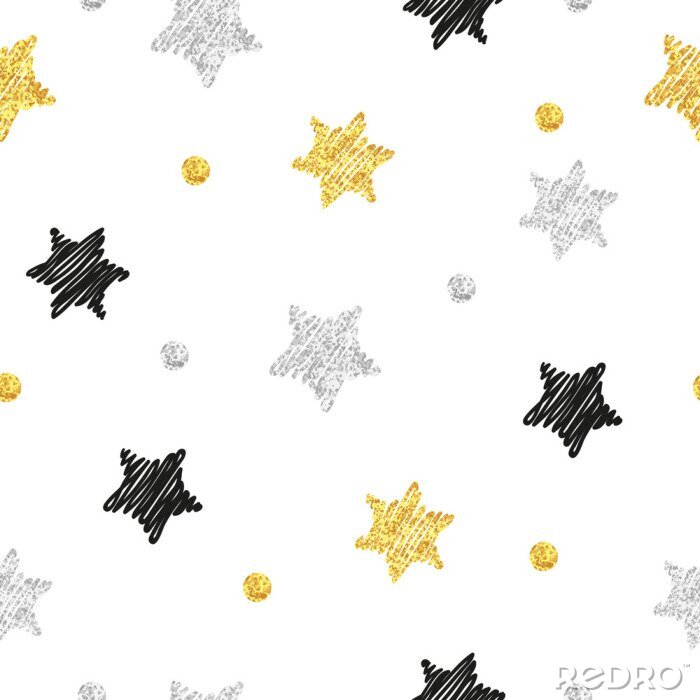 Sticker Fonkelende sterren naadloos patroon. Vector achtergrond met doodle zwart, zilver en gouden sterren en stippen op wit wordt geïsoleerd.