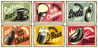 Sticker Food and drinks vintage restaurant signs collection. Set of retro advertisements for coffee, beer, ice cream, club soda, grill and fried chicken. Vector illustration.