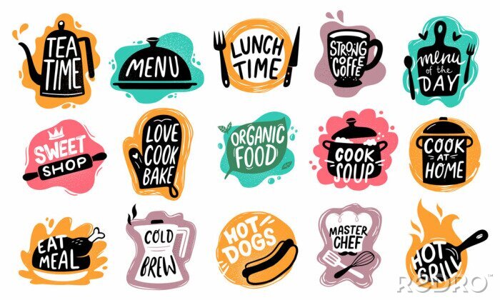 Sticker Food lettering. Bakery kitchen sweets, hot dogs badge and organic food logo vector set