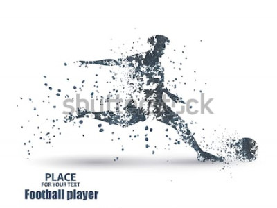 Sticker Football player, kick a ball, particle divergent composition, vector illustration
