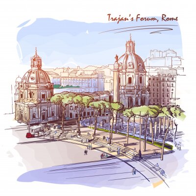 Sticker Forum of the Emperor Trajan in Rome, Italy. Painted sketch. Vintage design. Travel sketchbook drawing. EPS10 vector illustration.