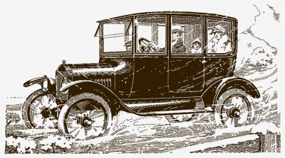 Sticker Four people driving in a vintage car in a snowy landscape. Illustration after a historical engraving from the early 20th century