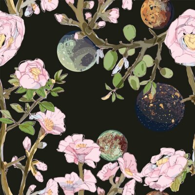 Sticker Four space planets and brunches pink flowers on a endless black background. Night moon's and roses seamless vector illustration.
