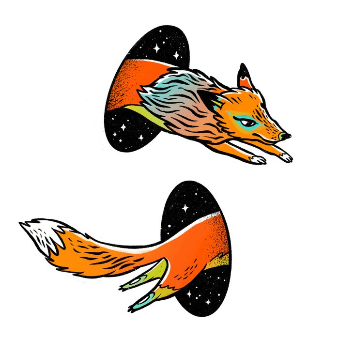 Sticker Fox in magic teleport. Fantasy hand drawn illustration.