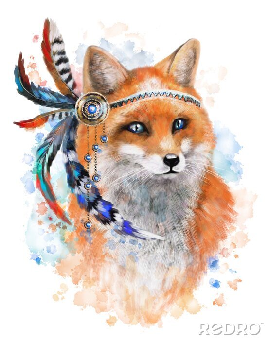 Sticker .fox met rode en blauwe veren. goud jewerly met edelstenen en veren op aquarel achtergrond. Splash verf. Etnische vosillustratie. Tribal vos, geïsoleerde