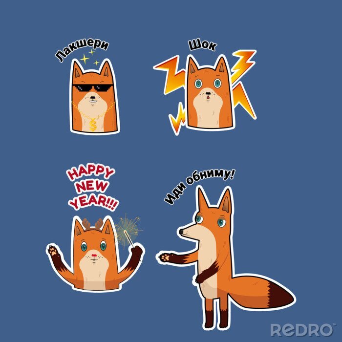 Sticker Fox stickers set. Cute funny fox with different emotions.
