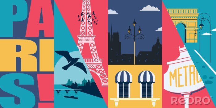 Sticker France vector skyline illustration, postcard. Travel to French capital Paris modern flat graphic design