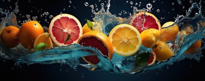 Sticker Fresh citrus fruits, water splash on blue background.
