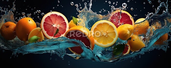 Sticker Fresh citrus fruits, water splash on blue background.