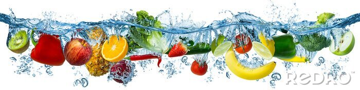 Sticker fresh multi fruits and vegetables splashing into blue clear water splash healthy food diet freshness concept isolated white background