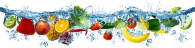 Sticker fresh multi fruits and vegetables splashing into blue clear water splash healthy food diet freshness concept isolated white background