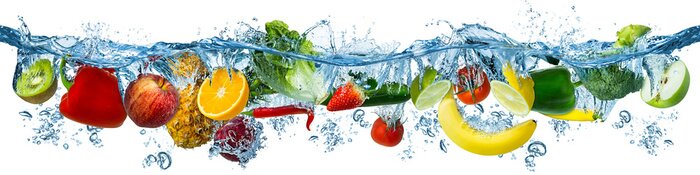 Sticker fresh multi fruits and vegetables splashing into blue clear water splash healthy food diet freshness concept isolated white background