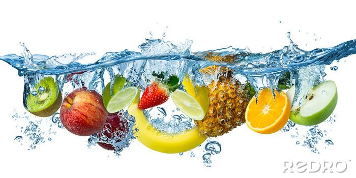 Sticker fresh multi fruits splashing into blue clear water splash healthy food diet freshness concept isolated white background