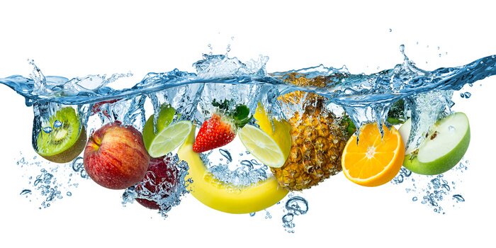 Sticker Fresh multi fruits splashing into blue clear water splash healthy food diet freshness concept isolated white background