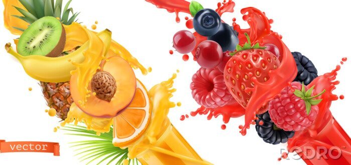 Sticker Fruit barstte. Splash van sap. Zoete tropische vruchten en gemengde bosbessen. 3d realistische vector icoon set
