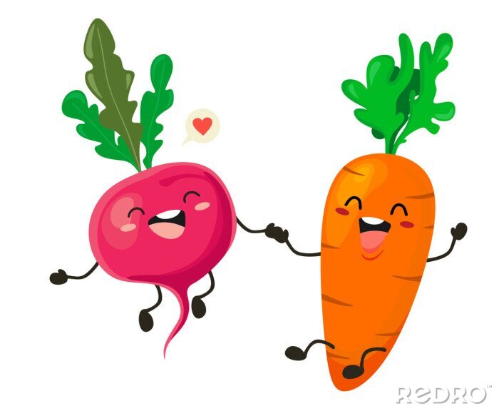 Sticker Funny carrot and radish in cartoon style. Vector isolates on a white background.